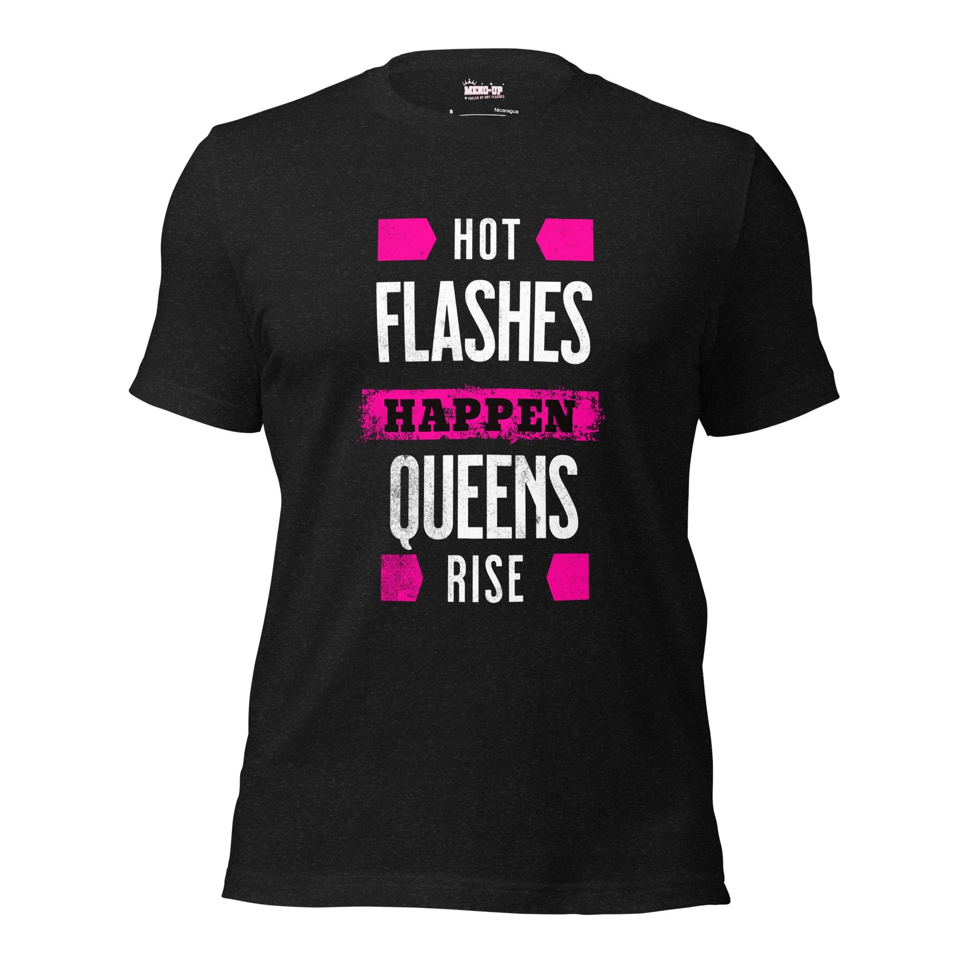 Meno-up Store T-SHIRT Black Heather / XS Hot flashes happen - Queens rise - T-shirt