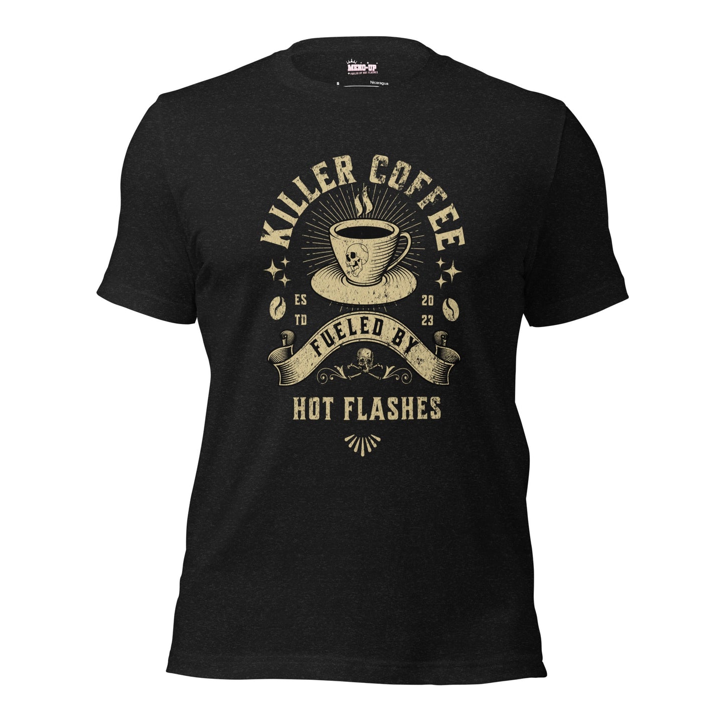 Meno-up Store T-SHIRT Black Heather / XS Killer coffe fueled by hot flashes - T-shirt