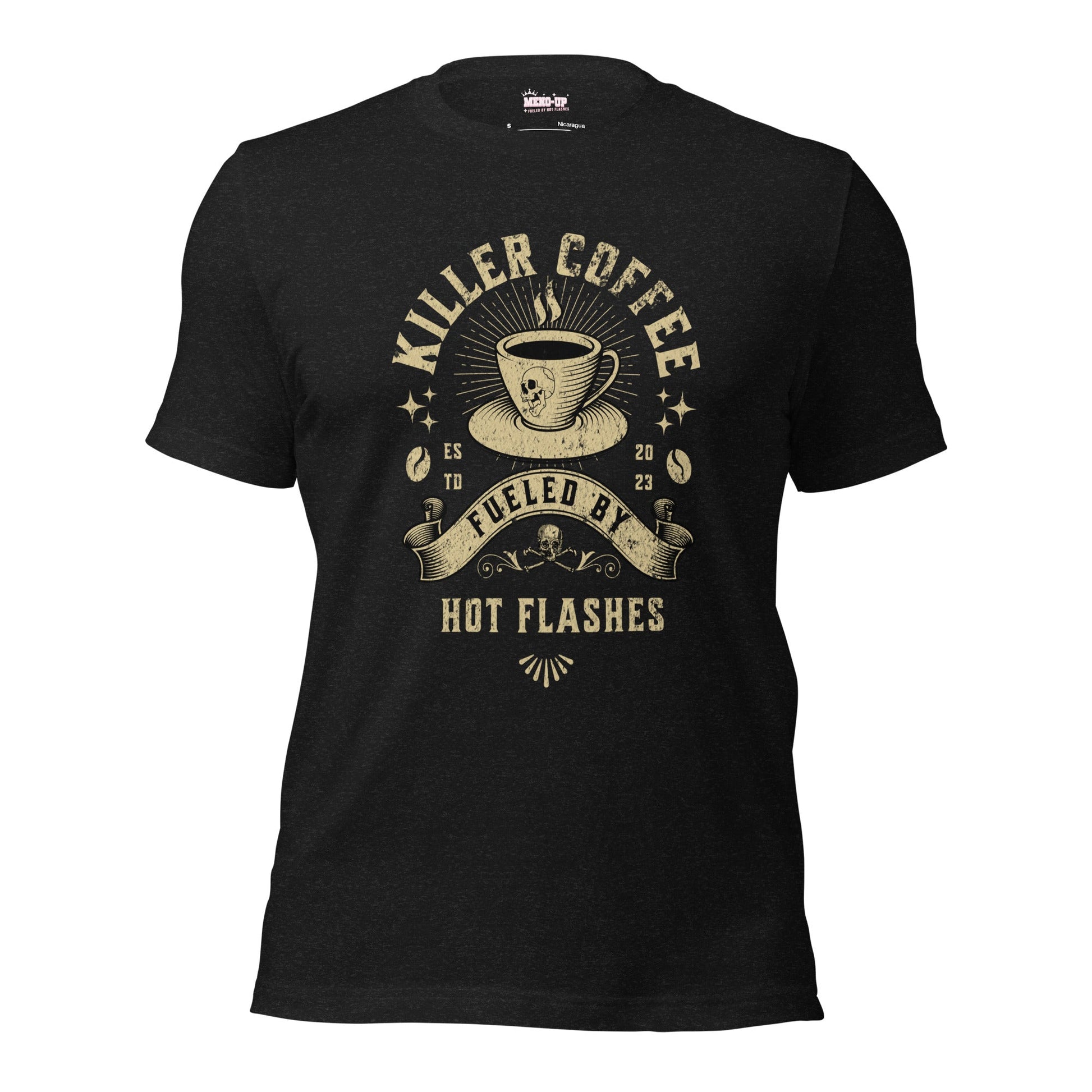 Meno-up Store T-SHIRT Black Heather / XS Killer coffe fueled by hot flashes - T-shirt